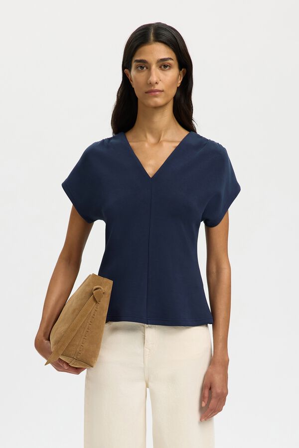 Selected V-neck three-quarter sleeve T-shirt Navy