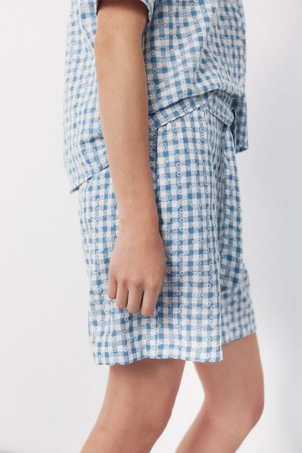 Cortefiel Embroidered gingham bermuda shorts Printed blue