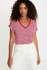 Morgan Striped V-neck T-shirt Red