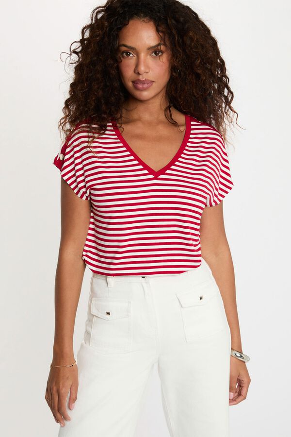 Morgan Striped V-neck T-shirt Red