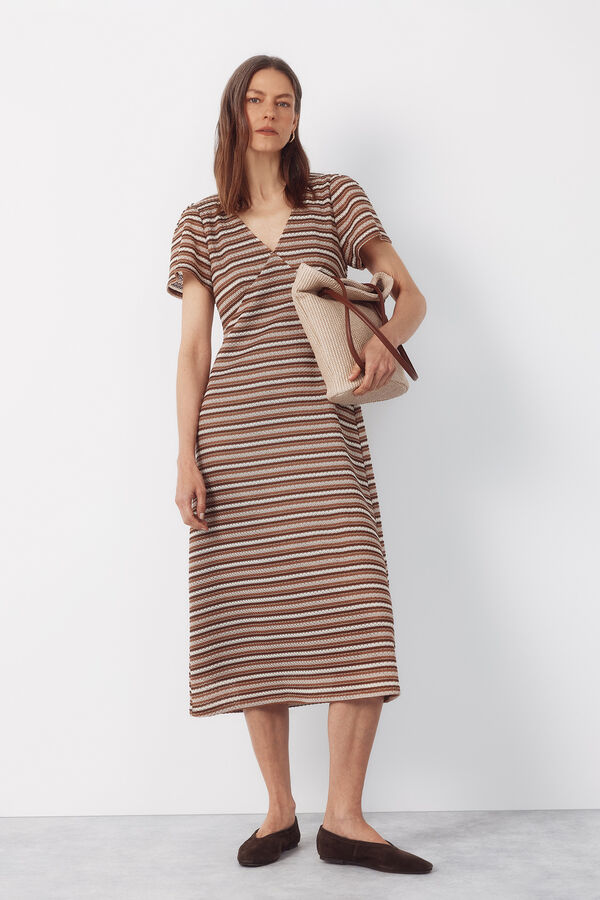Cortefiel Striped structured dress Printed white