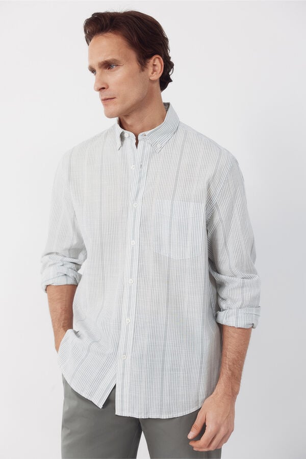 Cortefiel Striped cotton slub shirt Kaki