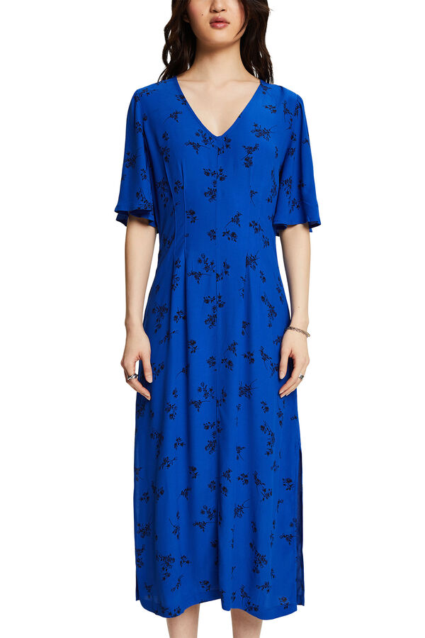 Cortefiel Vestido midi de viscose com estampado floral Azul