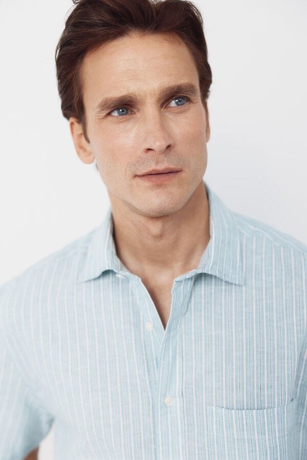 Cortefiel Striped cotton linen short sleeve shirt Turquoise