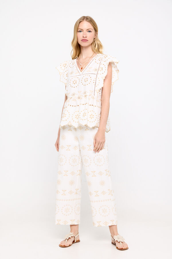 Cortefiel Flounced embroidered blouse White