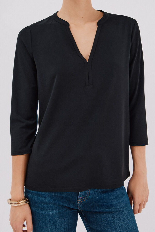 Cortefiel Camiseta básica decote mandarim Preto