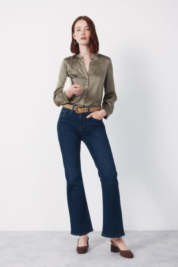 Cortefiel Printed satin mandarin shirt Kaki