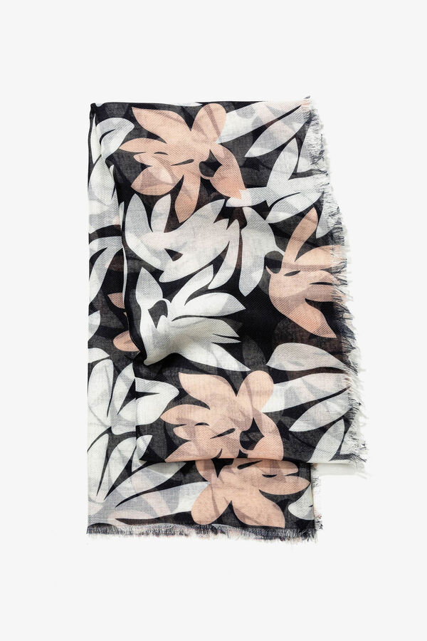 Cortefiel Linen Effect Floral Print Scarf Black