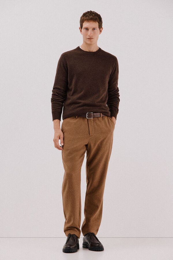 Cortefiel Lambswool jumper with round neck Dark brown