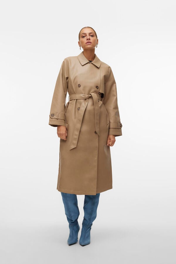 Cortefiel Faux leather midi trench coat Green