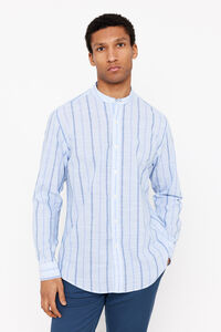 Cortefiel Striped slub cotton shirt with Mandarin collar Blue