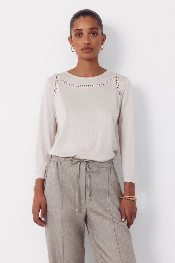 Cortefiel Hemstitch detail t-shirt Beige