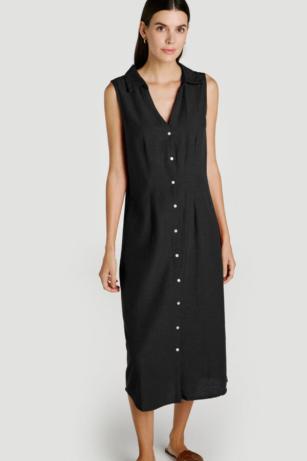 Vila Vestido midi camiseiro de linho Preto