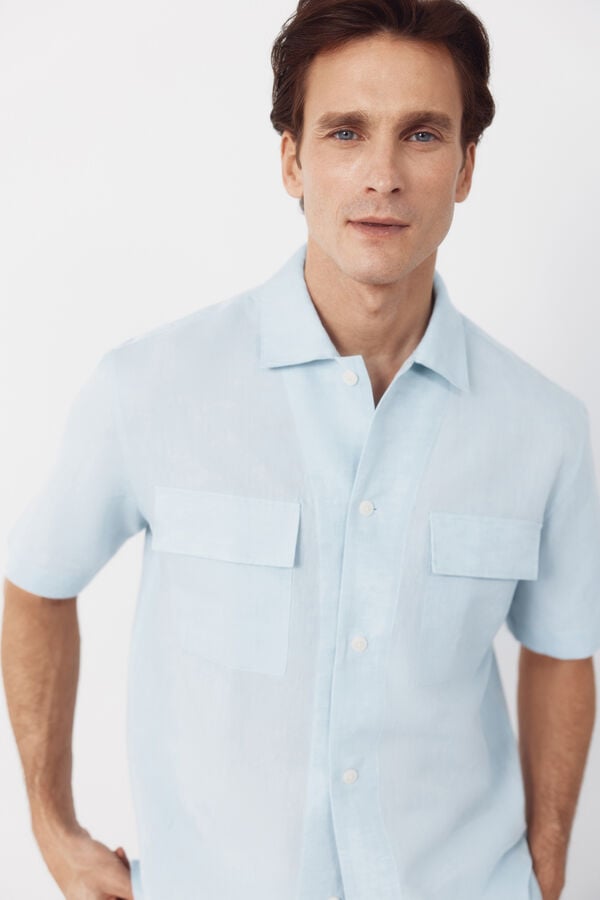 Cortefiel Plain linen cotton bowling collar shirt Blue