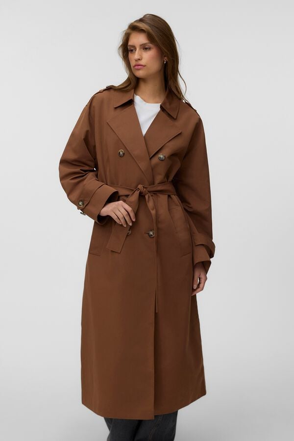 Vero Moda Long trench coat with belt Dark brown