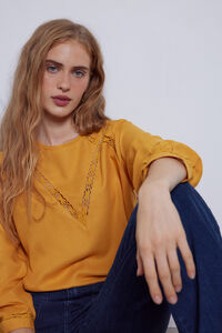 Cortefiel Blouse with entredeux trim Printed yellow