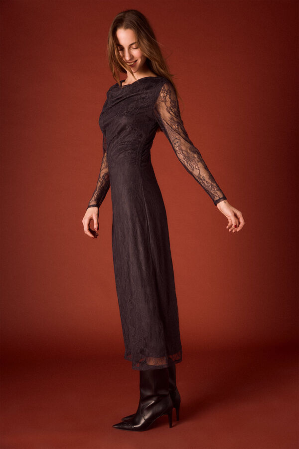 Slowlove Vestido longo de renda Cinzento