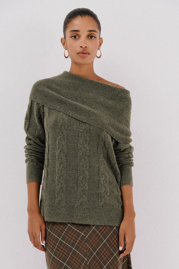 Cortefiel Wide neck sweater Kaki