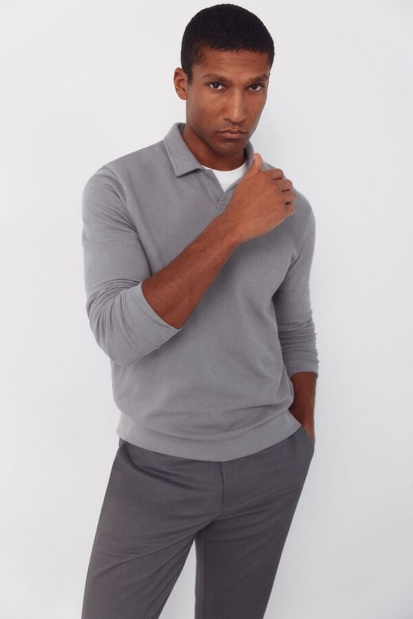 Cortefiel Long sleeve link structure polo shirt Grey