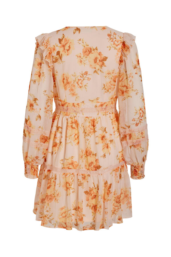 Cortefiel Short floral dress with long sleeves with ruffles Lilac