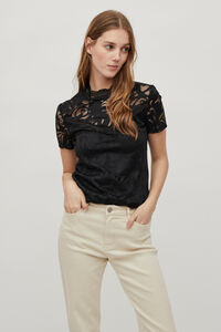 Cortefiel Short-sleeved lace blouse Black