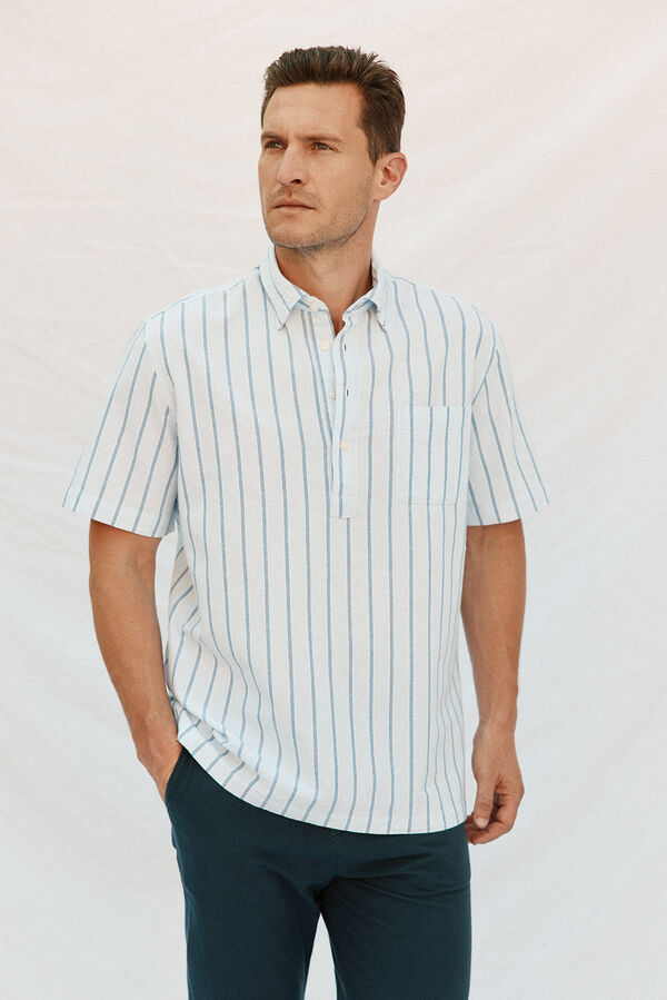 Cortefiel Striped cotton linen short sleeve shirt Blue