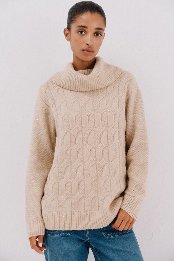 Cortefiel Jersey punto lentejuelas Beige