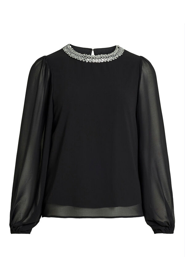 Vila Blusa de chiffon com pedraria no gola Preto