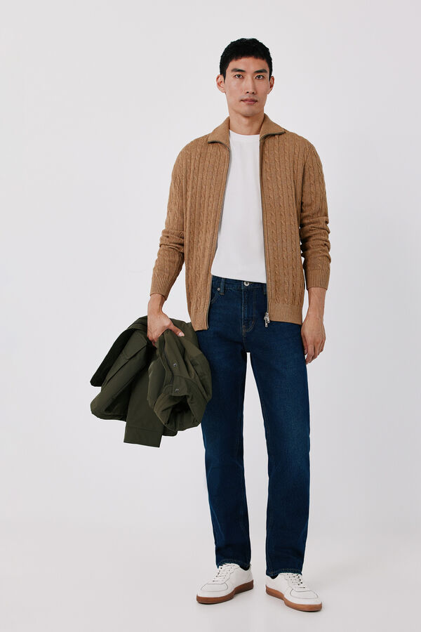 Cortefiel Cotton braided knit zip fastening cardigan Brown