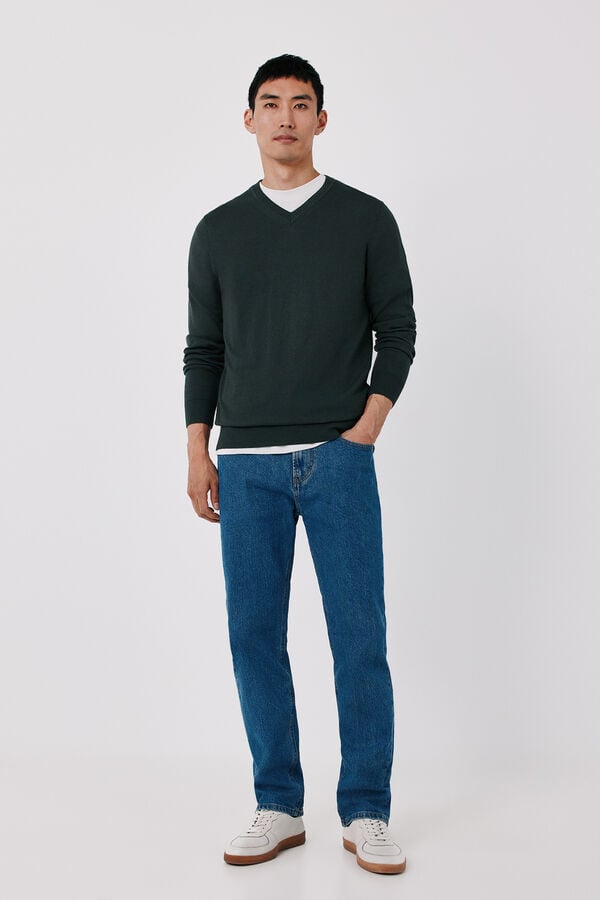 Cortefiel Cotton cashmere knit V-neck jumper Kaki