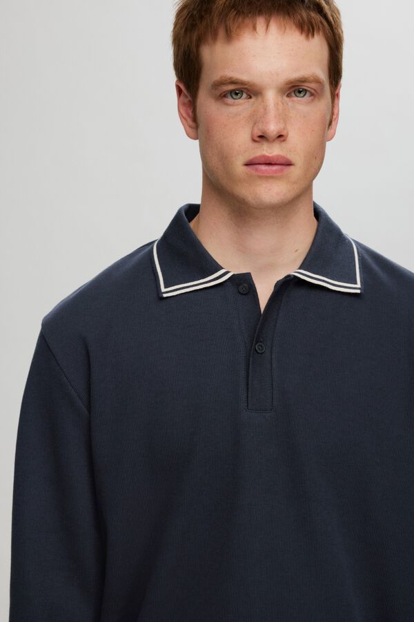 Selected Polo de manga comprida 100% algod&atilde;o org&acirc;nico Azul