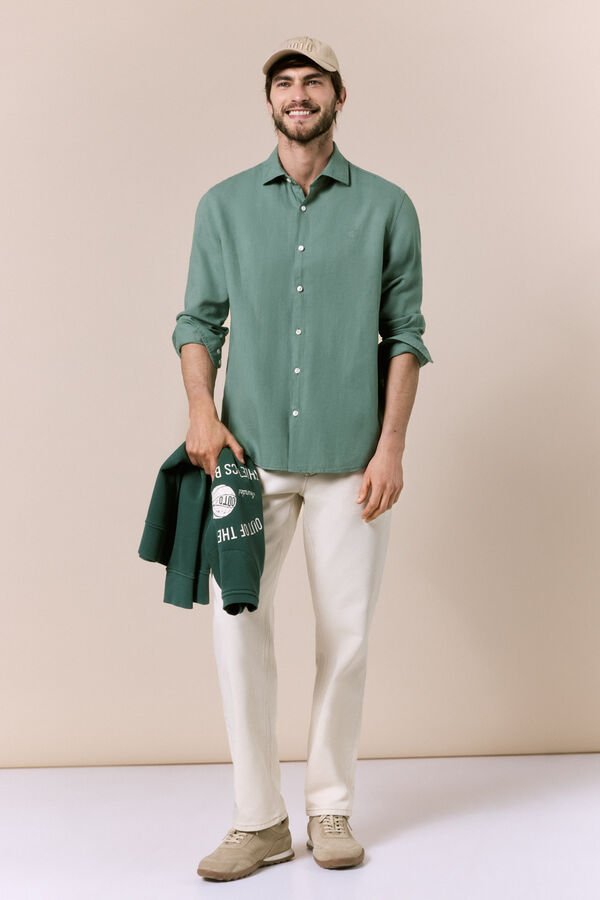 OOTO Camisa manga comprida em algod&atilde;o e linho Verde