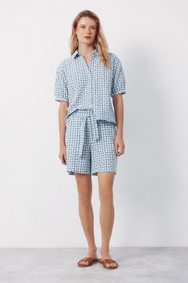Cortefiel Embroidered gingham bermuda shorts Printed blue