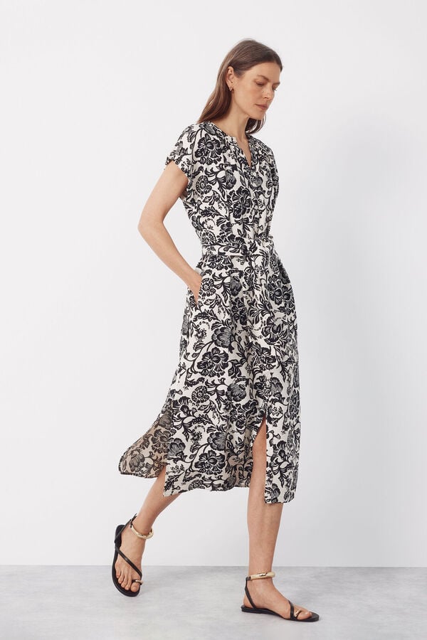 Cortefiel Printed belted dress Printed white