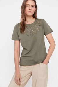 Cortefiel Floral embroidered T-shirt Kaki