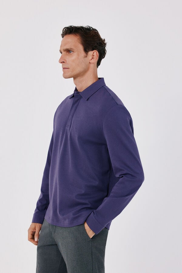 Cortefiel Long sleeve refined polo shirt Purple