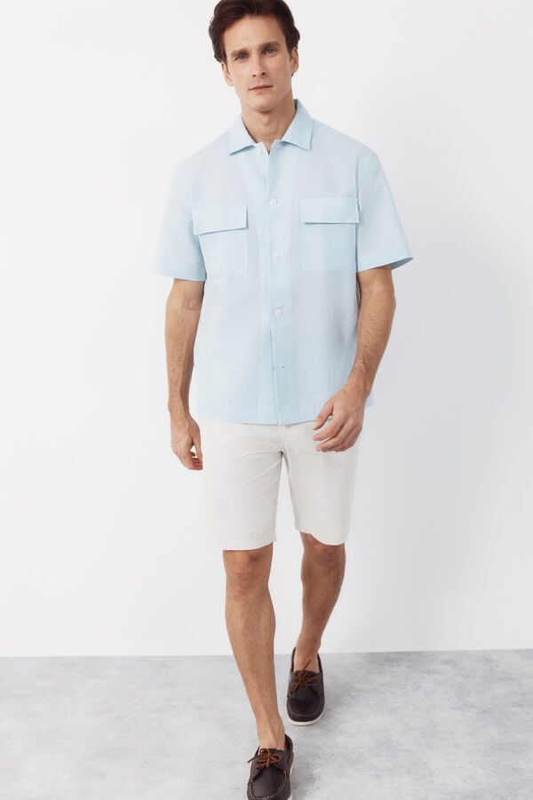 Cortefiel Plain linen cotton bowling collar shirt Blue