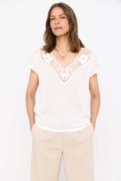 Cortefiel V-neck guipure T-shirt with patch White