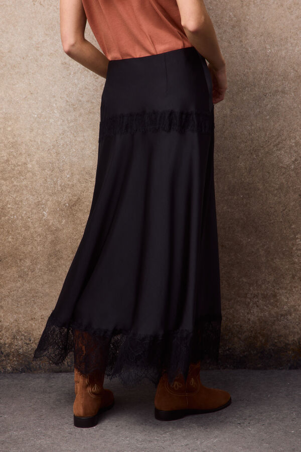 Slowlove Saia midi em cetim e renda Preto