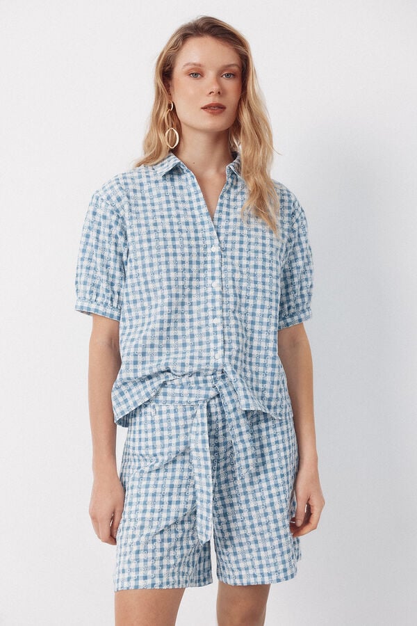 Cortefiel Embroidered gingham bermuda shorts Printed blue