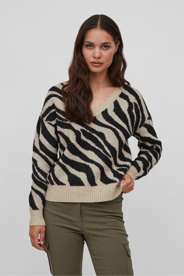 Vila Women's animal print jumper with V-neck Brown