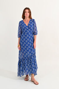 Cortefiel Long printed dress with ruffles Blue