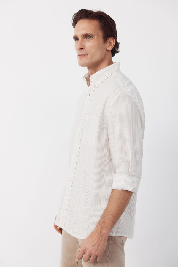 Cortefiel Striped cotton slub shirt Beige