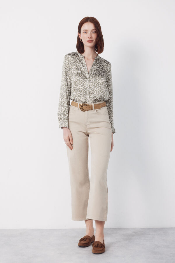 Cortefiel Printed satin mandarin shirt Printed green