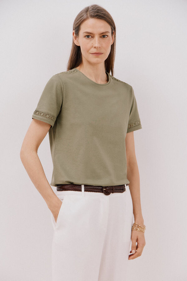 Cortefiel Hemstitch detail t-shirt Kaki