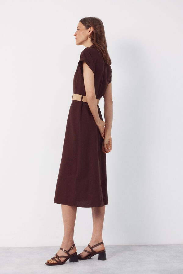 Cortefiel Vestido lino Marr&oacute;n oscuro