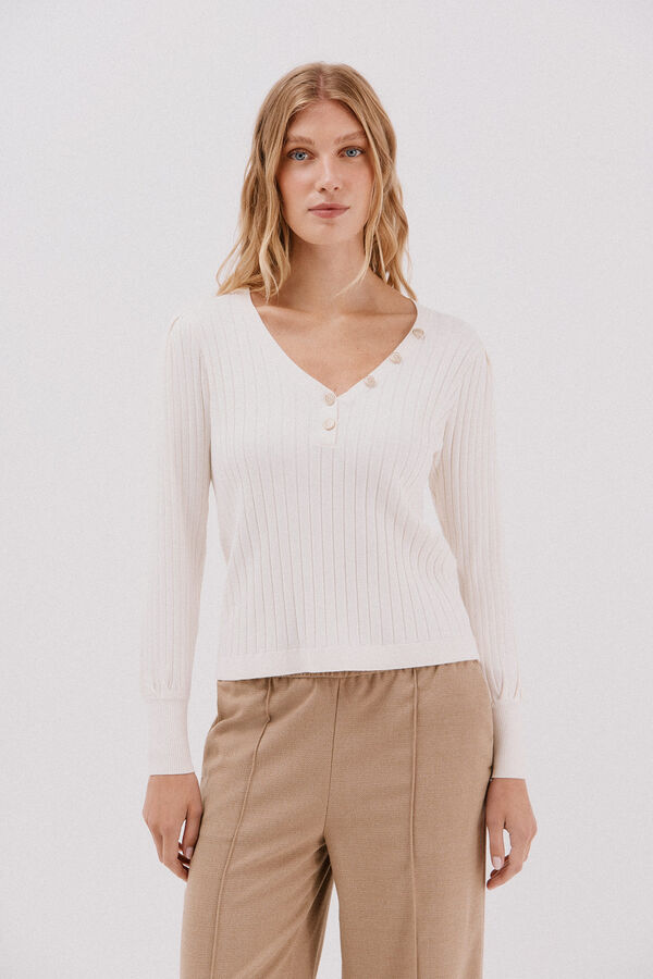 Cortefiel V-neck jumper with buttons Ivory