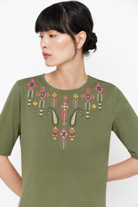 Cortefiel Round neck embroidered T-shirt Kaki