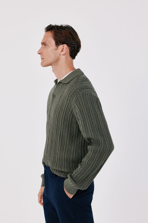 Cortefiel Twisted cotton cable knit jumper Kaki