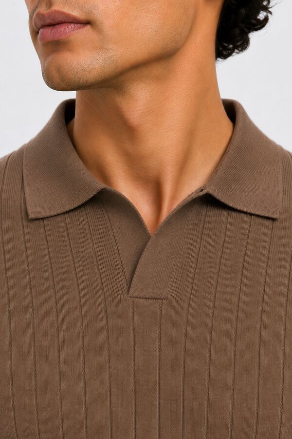 Selected Ribbed knit polo shirt Brown